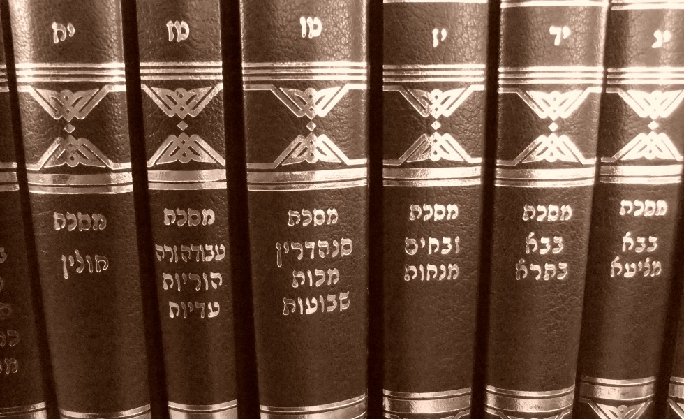 A row of Talmuds of various masechtot on a bookshelf.