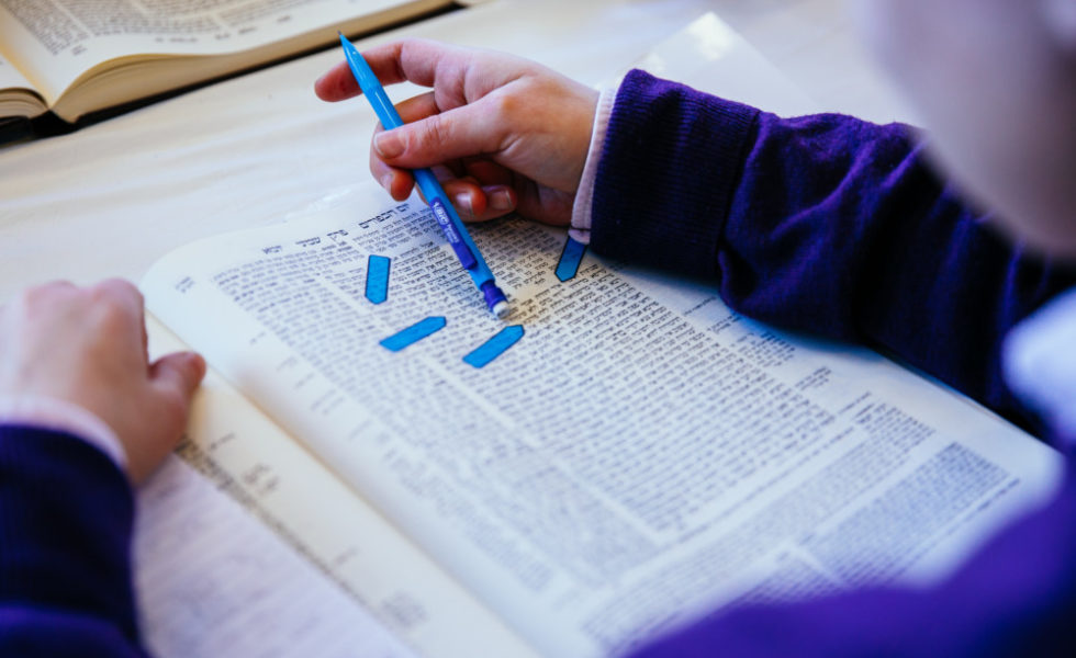 A person's arms sit on a Talmud. They are holding a blue pencil, and the Talmud is marked with blue stickies.