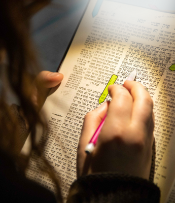 A person rests their hand on a page of Talmud. They are holding a pink pencil, and a circular light shines on the center of the page, casting the rest of the image in shadow.