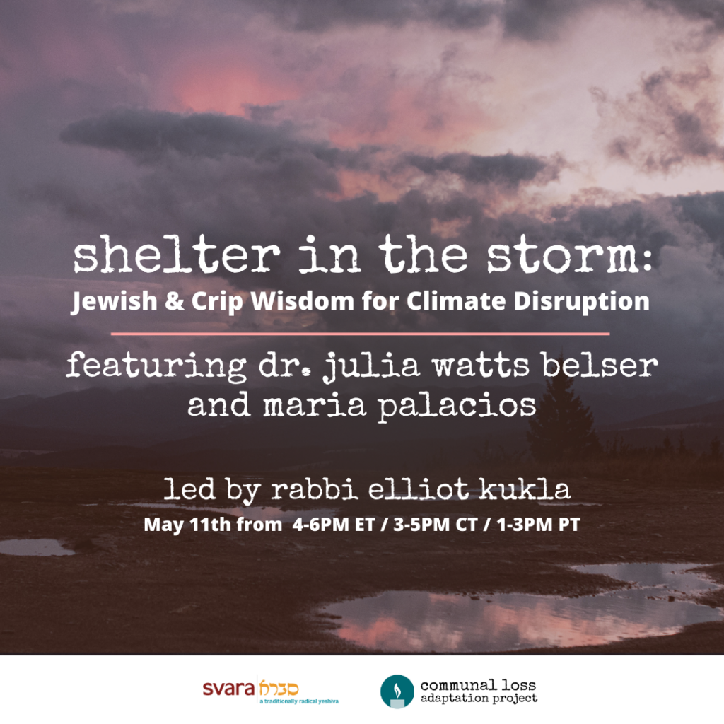 A colorful, cloudy sky stretches over a dark landscape. There is a pool of water in the foreground that reflects the pink, purple, and blue of the sky. A large evergreen tree can be seen. Text over the image reads, "Shelter in the Storm: Jewish & Crip Wisdom for Climate Disruption featuring Dr. Julia Watts Belser and Maria Palacios. Led by Rabbi Elliot Kukla. May 11th from 4-6PM ET / 3-5PM CT / 1-3PM PT." There are two logos at the bottom of the image. One reads, "SVARA: A Traditionally Radical Yeshiva," with colorful letters and Rashi script. The other logo reads, "Communal Loss Adaptation Project", and has a turquoise drawing of a lit candle.