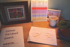 A close-up image of someone's Alef-Bet learning materials. There is a colorful alef-bet sheet that lists each letter and its definition, as well as a folder that says "queer talmud nerd", and a worksheet that has been underlined and highlighted.