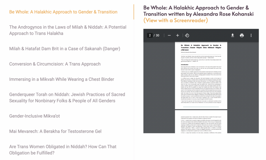 A screenshot of the online catalog of trans-authored teshuvot. The first one reads "Be Whole: A Halakhic Approach to Gender & Transition written by Alexandra Rose Kohanski".