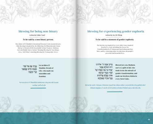 A screenshot of Tefillat Trans, which includes a two-page spread of blessings. One is titled, "blessing for being non-binary" and the other is "blessing for experiencing gender euphoria".