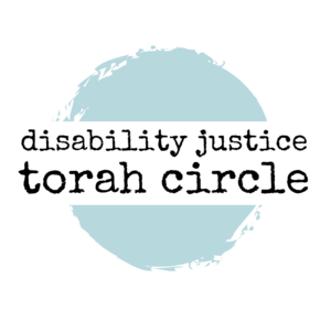 Logo for Disability Justice Torah Circle: a light blue circle with frayed edges, across the middle are the words "disability justice torah circle" in lowercase typewriter-style font