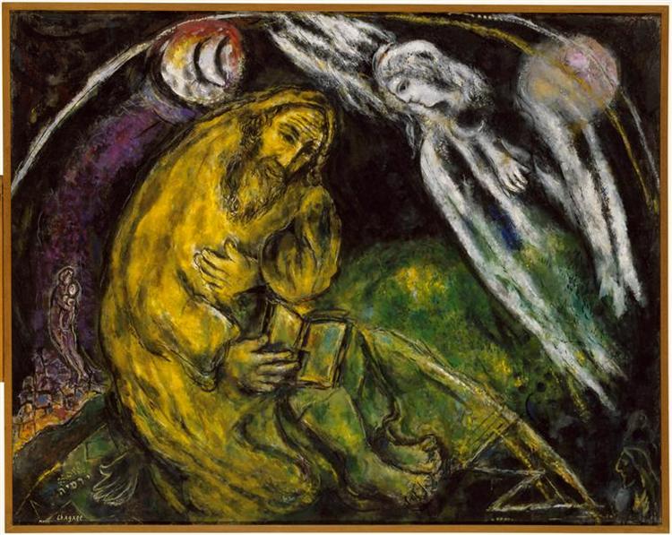 An image of a painting by the artist Marc Chagall. Within the composition of the painting is a depiction of the prophet Jeremiah on the left-hand side in a tone of yellow. He has a long beard and clutches a book under the night sky, while an angel floats beside him.