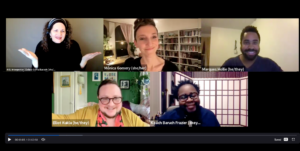 A screenshot of the panelists who joined us on Sunday's installment of the Unrecognizable Jewish Future, including Rabbi Mónica Gomery, Rabbi Elliot Kukla, and Dr. Koach Baruch Frazier. Also on screen are the event host Marques Hollie as well as our ASL captioner Deborah Gorra Barash.